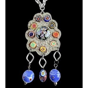 Wearable Art Italian Millefiori Glass Statement Necklace 26” Heavy